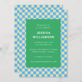 Niedliche Retro-Checkerboard Blue Green Bat Mitzva Einladung (Vorne/Hinten)