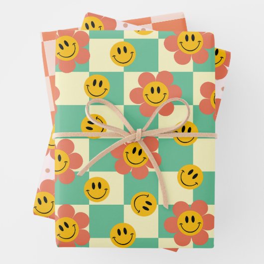 Niedliche Retro-Checkerboard-Muster mit Blume Geschenkpapier Set (Beispiel)