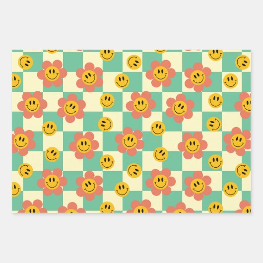 Niedliche Retro-Checkerboard-Muster mit Blume Geschenkpapier Set (Vorderseite)