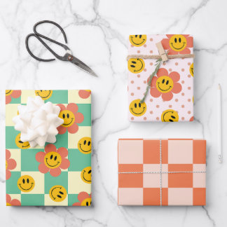 Niedliche Retro-Checkerboard-Muster mit Blume Geschenkpapier Set