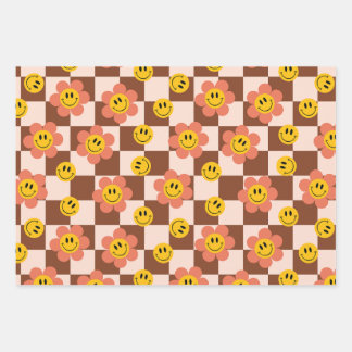 Niedliche Retro-Checkerboard-Muster mit Blume Geschenkpapier Set