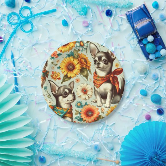 Niedliche Retro Chihuahua Illustration Pappteller (Party)