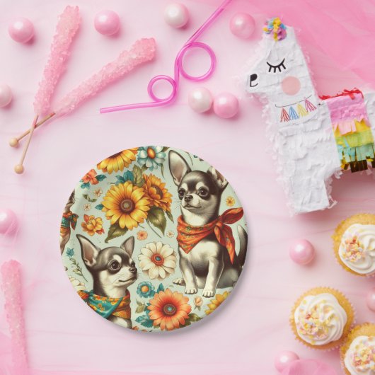 Niedliche Retro Chihuahua Illustration Pappteller (Party)