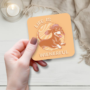 Niedliche Retro-Dackel "Life is Wienerful" Hund Lo Quadratischer Aufkleber