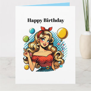 Niedliche Retro-Dame fügt Text Geburtstag hinzu Karte