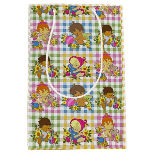 Niedliche Retro-farbige Karierte Babydusche Mittlere Geschenktüte (Vorderseite)
