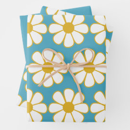 Niedliche Retro floral Daisy Muster Mustard und Bl Geschenkpapier Set