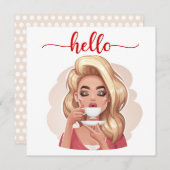 Niedliche Retro Girl Blonde Flat Hello Card (Vorne/Hinten)