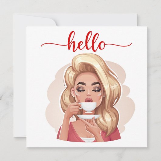 Niedliche Retro Girl Blonde Flat Hello Card (Vorderseite)