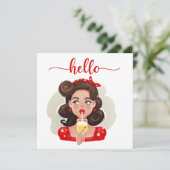 Niedliche Retro Girl Tan Flat Hello Card (Stehend Vorderseite)