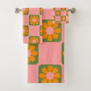 Niedliche Retro-Hippie-Blume-Checkbox rosa grün Badhandtuch Set