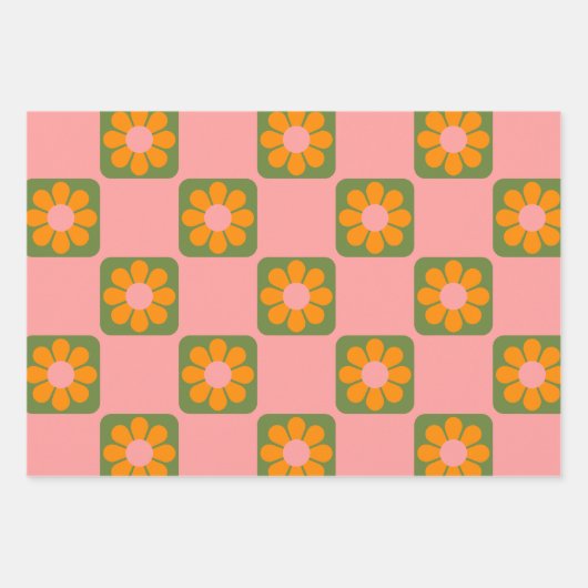 Niedliche Retro-Hippie-Blume-Checkbox rosa grün Geschenkpapier Set (Vorderseite 3)