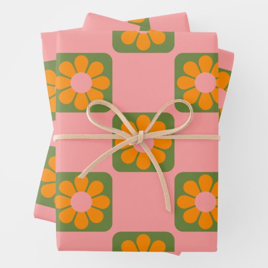 Niedliche Retro-Hippie-Blume-Checkbox rosa grün Geschenkpapier Set (Beispiel)