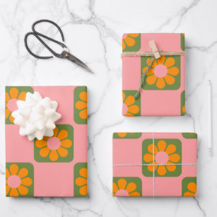 Niedliche Retro-Hippie-Blume-Checkbox rosa grün Geschenkpapier Set