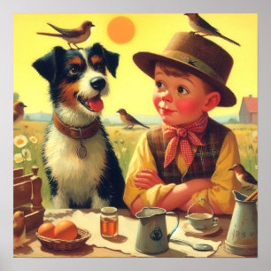 Niedliche Retro-Hunde und Kindermalerei Poster