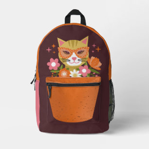 Niedliche Retro-Katze und Blume Terracotta Planter Bedruckter Rucksack
