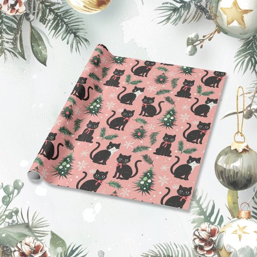 Niedliche Retro-Katzen auf rosa Weihnachten Geschenkpapier