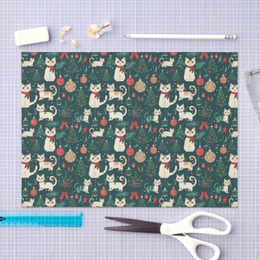 Niedliche Retro-Katzen auf schwarzen Weihnachten Seidenpapier (Handwerk)