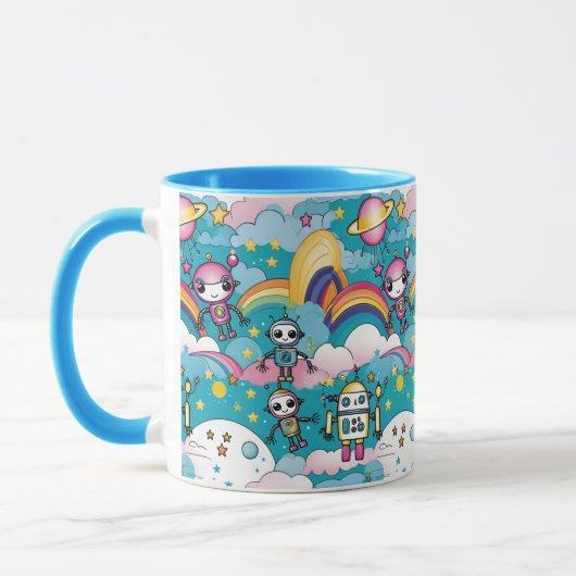 Niedliche Retro Kawaii Sci-Fi Roboter und Rainbows Tasse (Links)