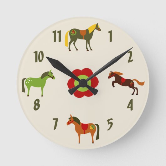 Niedliche Retro Ponys und Blume Pferd Runde Wanduhr (Vorderseite)