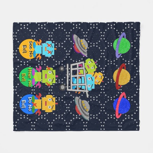Niedliche Retro-Roboter, Planeten, fliegende Sauer Fleecedecke (Vorderseite (Horizontal))