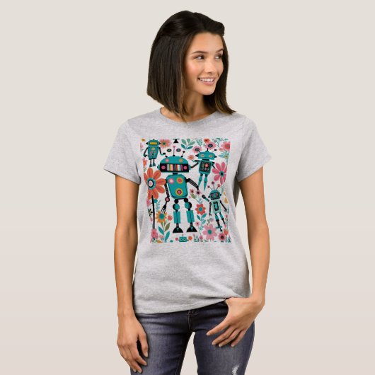 Niedliche Retro-Roboter und -Blume T-Shirt (Vorne ganz)