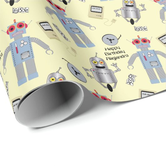 Niedliche Retro-Roboter und Computer-benutzerdefin Geschenkpapier (Rolleneckpunkt)