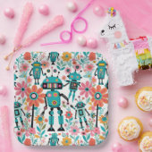 Niedliche Retro-Roboter und rosa Blume Pappteller (Party)