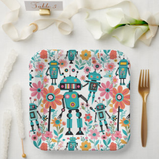Niedliche Retro-Roboter und rosa Blume Pappteller