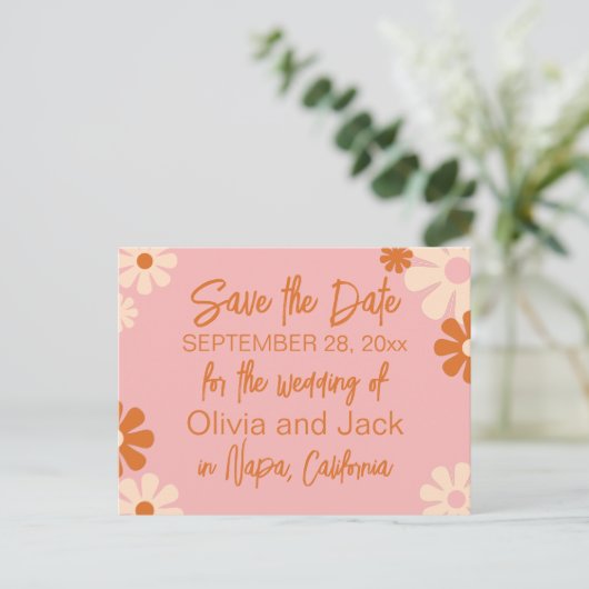 Niedliche Retro-Rosa und Orange Save the Date Postkarte (Stehend Vorderseite)