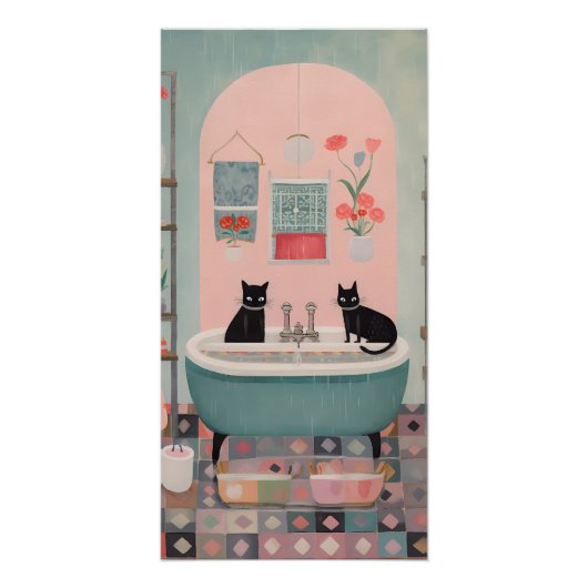 Niedliche Retro Schwarze Katzen im Badezimmer rosa Poster (Vorderseite)
