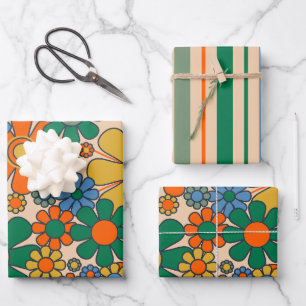 Niedliche Retro Vintage Whimsikäre Blume & Streife Geschenkpapier Set