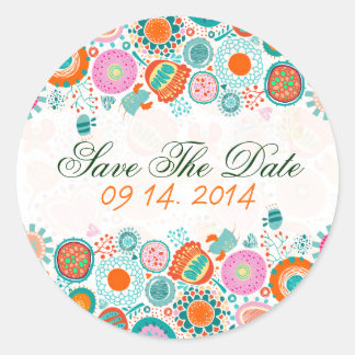 Niedliche Retro-Vögel und Blume Save the Date Runder Aufkleber