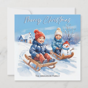 Niedliche Retro Wasserfarben Kinderschwärme Schnee Feiertagskarte