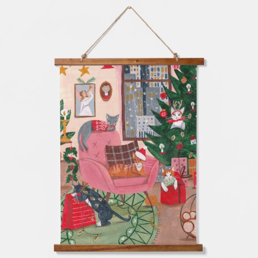 Niedliche Retrokatzen Weihnachtsfeiertag Wandteppich Mit Holzrahmen (Vorderseite)