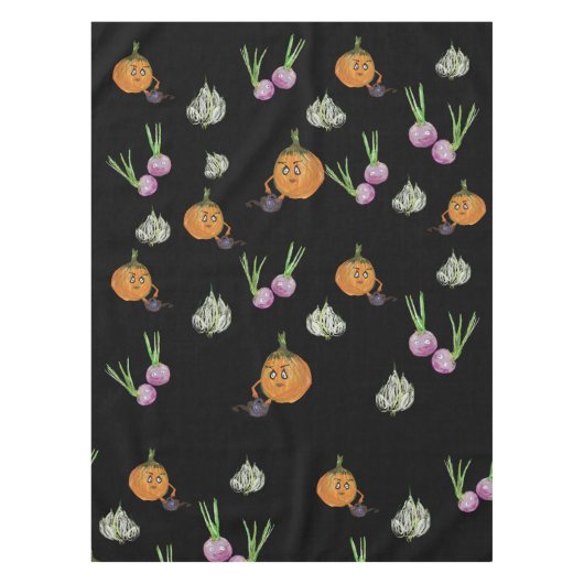 Niedliche Rettiche , Zwiebeln und Knoblauch. Tischdecke (Vorderseite)