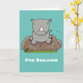 Niedliche Rhino-Cartoon-Abbildung Karte (Gelbe Blume)