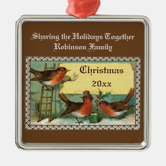 Niedliche Robin Birds Personalisierte Weihnachtssc Silbernes Ornament (Vorne)