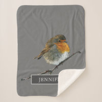 Niedliche Robin-Vogelfamilie mit Monogramm grau