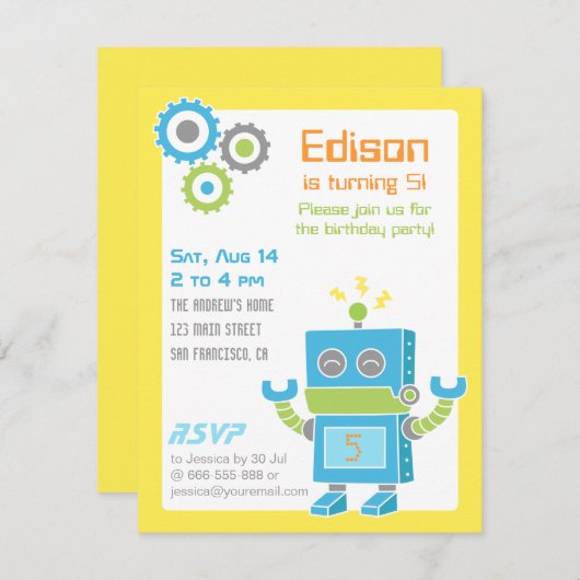 Niedliche Robot-Geburtstagsparty Einladung (Vorne/Hinten)