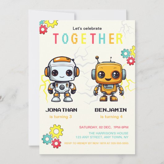 Niedliche Roboter Boys gemeinsam Geburtstag Einladung (Vorderseite)