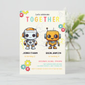 Niedliche Roboter Boys gemeinsam Geburtstag Einladung (Stehend Vorderseite)