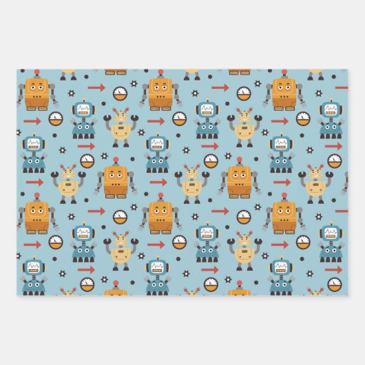 Niedliche Roboter Geschenkpapier Set (Vorderseite)
