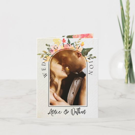 Niedliche romantische Blumenschrift 2 Foto Hochzei Einladung (Vorderseite)