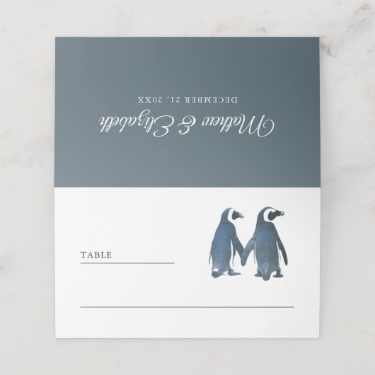 Niedliche romantische Pinguinalhochzeit Platzkarte (Außenseite Aufgefaltet)
