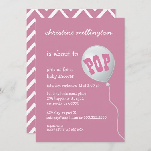 Niedliche rosa Baby-Dusche mit Ballon für Mädchen Einladung (Vorne/Hinten)