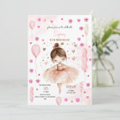 Niedliche rosa Ballerina und Ballons Geburtstag Einladung (Stehend Vorderseite)