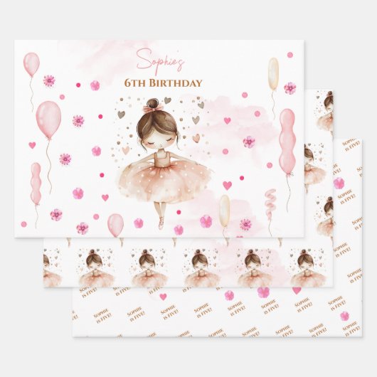 Niedliche rosa Ballerina und Ballons Geburtstag Geschenkpapier Set (Set)