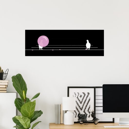 Niedliche Rosa-Blase-Birds auf einem Drahtschwarz Poster (Heimbüro)