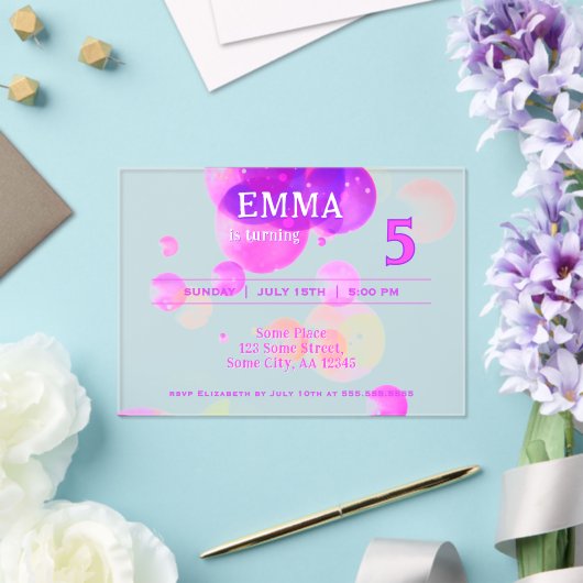 Niedliche Rosa Blasen Kindergeburtstag Party Acryleinladungen (In Situ (Hochzeit))